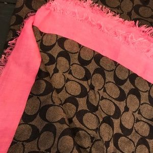 COACH Scarf with Insignia. Brown with Neon Pink